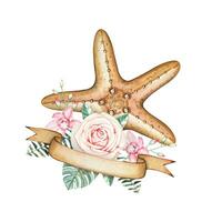 Hand drawn composition with yellow starfish, flowers, leaves, ribbon. Watercolor vector