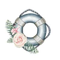 Hand drawn lifebuoy with pink flowers, sea collection, watercolor vector