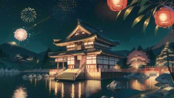 Fireworks on a Night Sky Festival Celebration Visual Novel Anime Manga Background Wallpaper photo