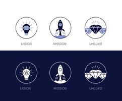 Elegant icons to visually represent your companys mission, vision, and core values, fostering a clear and purpose driven brand identity. vector