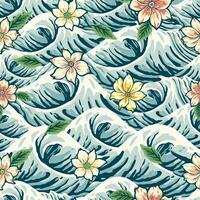 Japanese Curl Storm Wave And Flowers Vintage Style Seamless Pattern vector