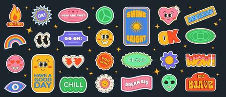 Retro Y2K sticker set with smile faces, characters, badges and small banners with cool cheering short phrases. Vector illustrations.