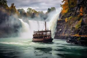 turista barco en Niágara caídas, ontario, Canadá, herradura caer, Niágara garganta y barco en neblina, Niágara caídas, ontario, Canadá, ai generado foto