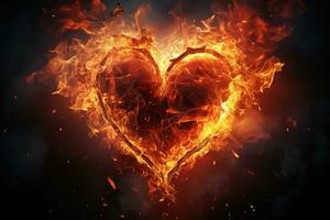 Heart in fire on dark background. Love concept. 3D Rendering, heart in fire. Striking image of heart made with fire and ice, AI Generated photo