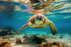 Hawaiian Green Sea Turtle Chelonia mydas, Green sea turtle swimming in turquoise sea water, underwater photo, AI Generated photo