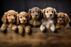 grupo de cachorros de dorado perdiguero en de madera antecedentes. estudio disparo, grupo retrato de adorable cachorros, ai generado foto