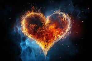 ardiente corazón en oscuro antecedentes. amor concepto. 3d representación, corazón en fuego. sorprendentes imagen de corazón hecho con fuego y hielo, ai generado foto