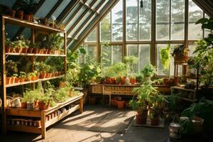 hermosa interior de un invernadero con plantas en ollas en el antepecho, invernadero con plantas. interior jardinería, ai generado foto