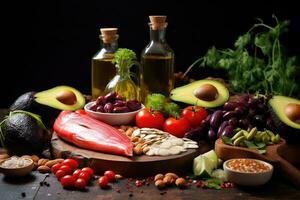 Healthy food ingredients for cooking on wooden background. Balanced diet, Healthy food for balanced flexitarian Mediterranean diet concept, AI Generated photo