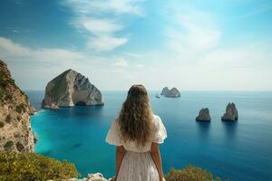 Young woman in white dress looking at the sea and cliffs on the island of Zakynthos, Greece, Holidays on Capri Island. Back view of beautiful fashion girl enjoying view the Faraglioni, AI Generated photo
