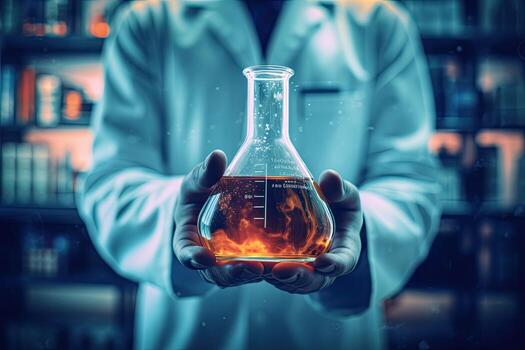 Scientist holding flask with liquid in laboratory. Science and chemistry concept, hand of scientist holding flask with lab glassware in chemical laboratory background, AI Generated photo