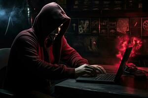 Hooded computer hacker using laptop in dark room. Cybercrime concept, hacker without a face is trying to steal cryptocurrency using a computer, AI Generated photo