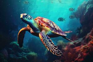 Green sea turtle swimming in the ocean. Underwater world. 3d rendering, Hawksbill Turtle in a deep sea, AI Generated photo