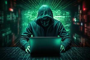 Hacker in front of a laptop with binary code on the background, hacker without a face is trying to steal cryptocurrency using a computer, AI Generated photo