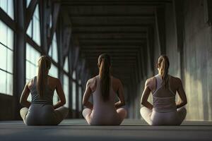 Three young women practicing yoga in a dark room. Back view, Group of young sporty people practicing yoga in Balasana pose, AI Generated photo