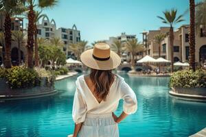 Back view of young woman in white dress and straw hat standing by swimming pool at luxury resort, Happy tourist girl rear view walking near fountains in Dubai city. Vacation, AI Generated photo