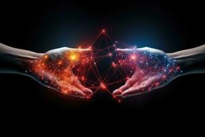 Close up of human hands holding polygonal network on dark background, Hand united together to form lines, triangles, and particle style design, AI Generated photo