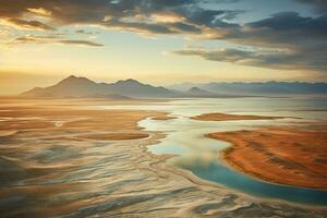 aéreo ver de hermosa lago y montañas a atardecer, ladakh, India, genial sal lago Utah increíble viaje imagen, ai generado foto