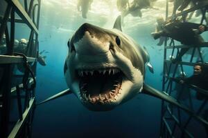 genial blanco tiburón carcharodon carcharias, genial blanco tiburón demostración sus dientes en frente de diversos en un buceo jaula, ai generado foto