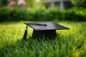 Graduation hat on green grass in the garden. Education concept, graduation hat lies on green grass, AI Generated photo