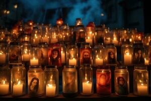 velas en el cementerio a noche, cristiandad concepto, grupo de iluminado velas, memoria de fallecido personas, ai generado foto