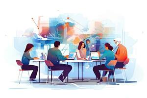 Business people working in coworking office. Group of business people sitting at table, discussing project, using gadgets. Flat vector illustration, Group of developers working in offic, AI Generated photo