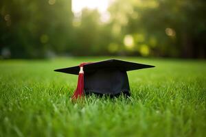 graduación gorra en verde césped. educación concepto. Copiar espacio, graduación sombrero mentiras en verde césped, ai generado foto