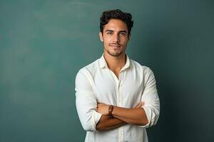 retrato de un hermoso joven hombre en pie con brazos cruzado en contra verde fondo, contento joven hombre. retrato de hermoso joven hombre en casual camisa acuerdo brazos cruzado, ai generado foto