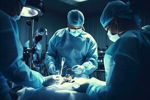 Group of surgeons at work in operating room toned in blue, group of veterinary surgery in the operating room, AI Generated photo