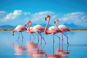 Group of flamingos standing in the water with blue sky background, Grilled meat barbecue steak on wooden cutting board with rosemary, AI Generated photo