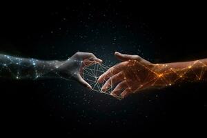 Conceptual image with connection lines on dark background and man and woman hands, Hand united together to form lines, triangles, and particle style design, AI Generated photo