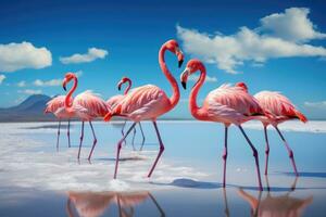 Flamingos at Salar de Uyuni, Bolivia, Grilled meat barbecue steak on wooden cutting board with rosemary, AI Generated photo