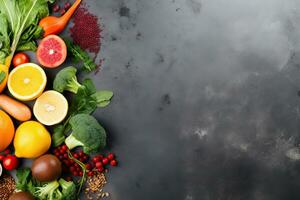 Fresh fruits and vegetables on a dark background. Top view with copy space, Healthy food clean eating selection salmon, vegetables, beans, olive oil on white wooden background, AI Generated photo