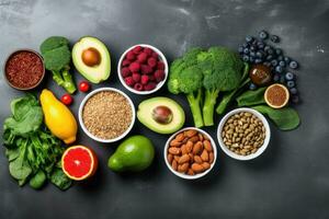 Healthy food clean eating selection fruits, vegetables, seeds, superfoods and nuts on a dark background, Healthy food clean eating selection salmon, vegetables, beans, olive oil, AI Generated photo