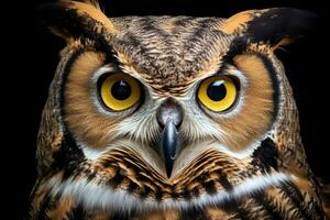 Eurasian Eagle Owl Bubo bubo isolated on black background, great horned owl portrait, AI Generated photo