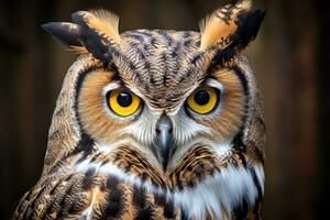 Eagle Owl Bubo bubo close up, great horned owl portrait, AI Generated photo