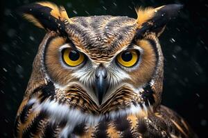 Eurasian Eagle Owl Bubo bubo in rain, great horned owl portrait, AI Generated photo