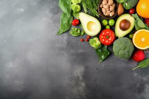 Healthy food clean eating selection. Fresh vegetables, fruits and nuts on stone background. Top view with copy space, Healthy food clean eating selection salmon, vegetables, beans, AI Generated photo