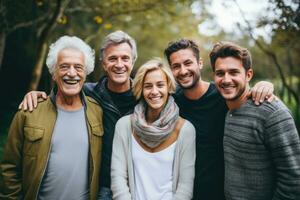 retrato de un contento mayor Pareja con su familia en el parque, contento multigeneracion familia en pie al aire libre, ai generado foto