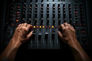 Close up of a dj's hands adjusting the volume on a sound mixer, Hand on a sound mixer station, top view, AI Generated photo