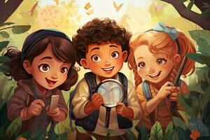 Illustration of a group of kids exploring the forest with a magnifying glass, Group of kindergarten kids friends holding the magnifying glasses for explore, top section cropped, AI Generated photo