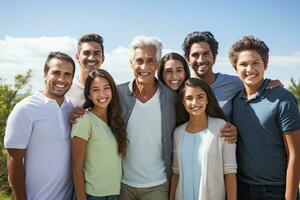 retrato de sonriente amigos en pie en campo en un soleado día en el campo, contento multigeneracion familia en pie al aire libre, ai generado foto