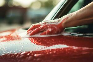 de cerca de un hombre Lavado un rojo coche con un esponja, mano cerca arriba coche limpieza. lavar el rojo coche con jabón, ai generado foto