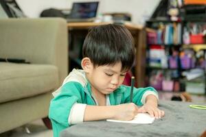 un chico es dibujo imágenes en un cuaderno en el mesa. aprendizaje fuera de el salón de clases foto