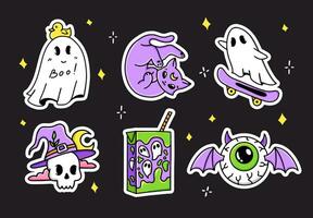 Set Halloween cartoon hand drawn stickers. Collection of graphic elements on a black background cat, skull, juice, bat eyeball,  ghost. Vector party  illustration.