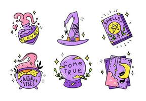 Set cartoon witch stickers for Halloween. Collection of graphic elements witch hat, fortune book, tarot cards, potion cauldron, potion bottle, witch glass ball. Vector party.