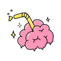 Pink sweet brain on a white background. Drink brain juice through a straw. Cute zombie. A witchcraft magic symbol. A graphic element of Halloween. Vector illustration of alchemy, black magic.