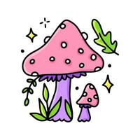 Pink poisonous mushrooms on a white background. Fly agaric in the forest. The ingredient of the witch's magic potion. A graphic element of Halloween. Vector illustration of alchemy, black magic.