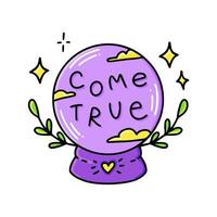 A magic glass ball for predictions. The crystal ball of fate. A witchcraft magic symbol. A graphic symbol of Halloween, an inscription lettering from the word come true. Vector illustration of alchemy
