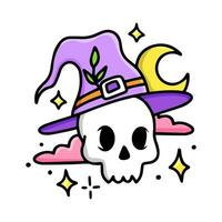 Funny skeleton cartoon character. A skull in a witch's hat. Night, moon, stars. Illustration of a creepy dead man. A Halloween symbol sticker. Isolated vector illustration.